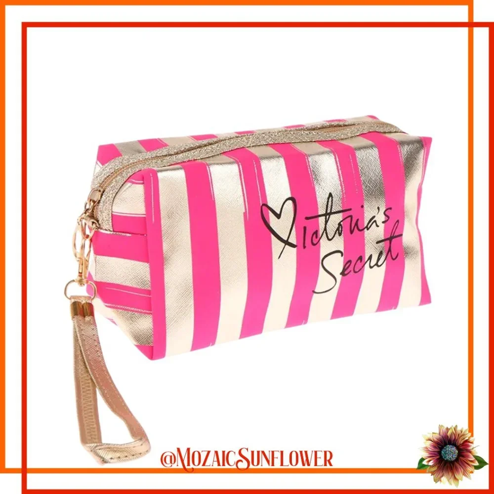 NEW WITH PACKAGING GOLD AND PINK STRIPE MAKE UP BAG - Picture 1 of 6